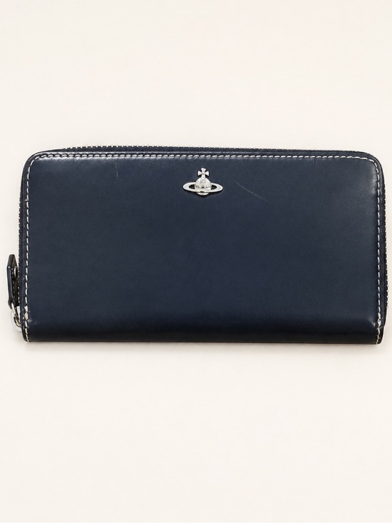 Vivienne Westwood Handbags - Vivienne Westwood Dark Navy Quilted Leather Zippy Wallet Silver Orb